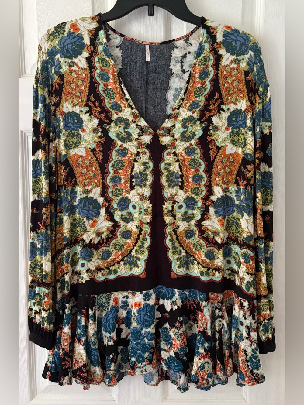 Free People Black Multi Floral V-Neck Peasant Tunic
